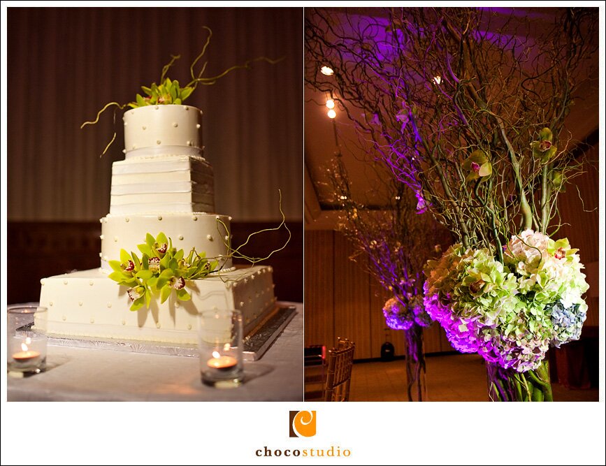 Cake and flowers at a wedding reception